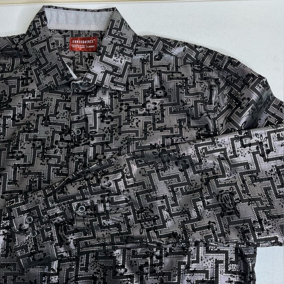 Consequence Octavio Silver Black Floral Flock Foil Long Sleeve Shirt Men Large - Picture 2 of 13